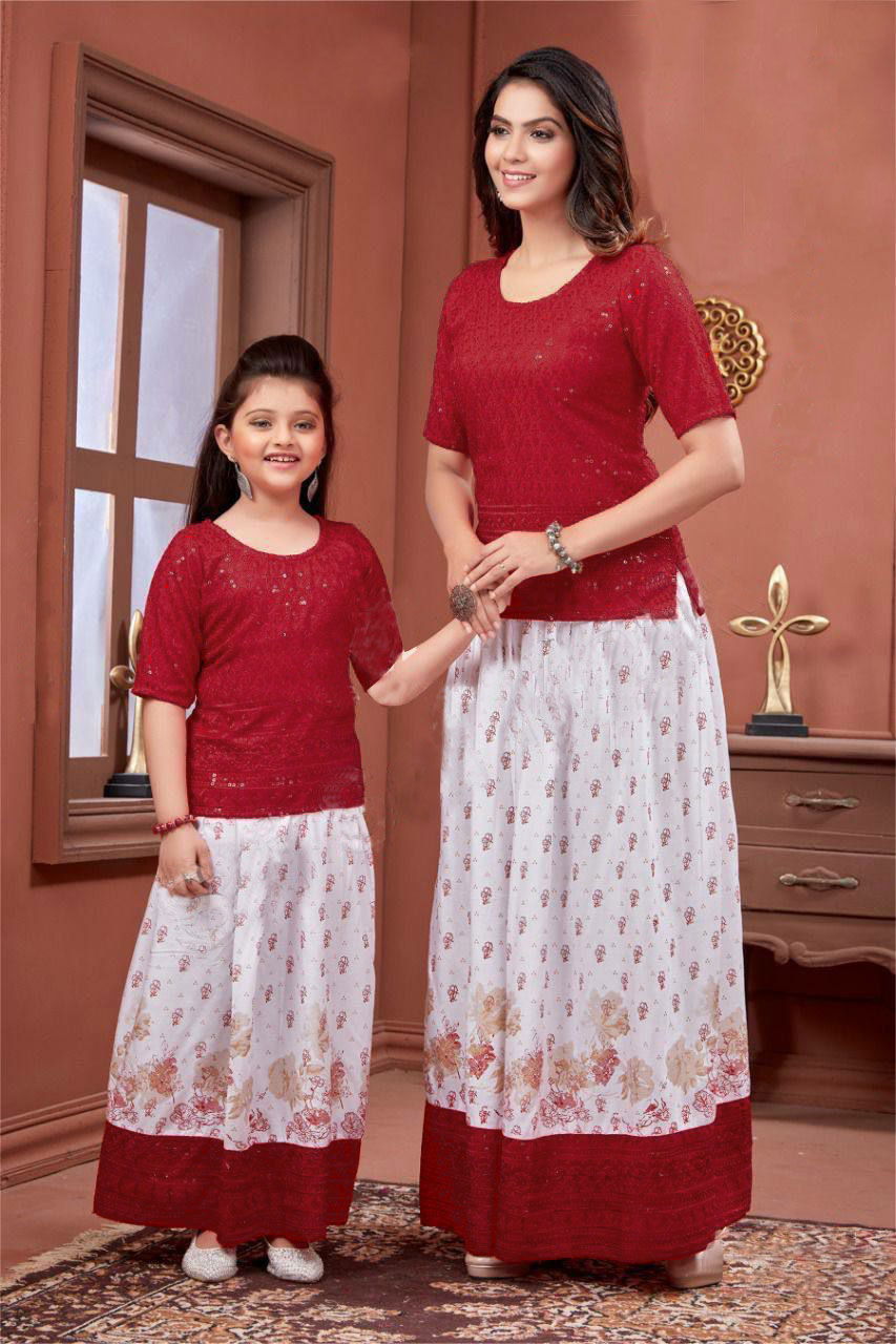 Lovely 01 Mother Daughter Combo Fancy Wear Printed Rayon Kurti With Skirt Collection